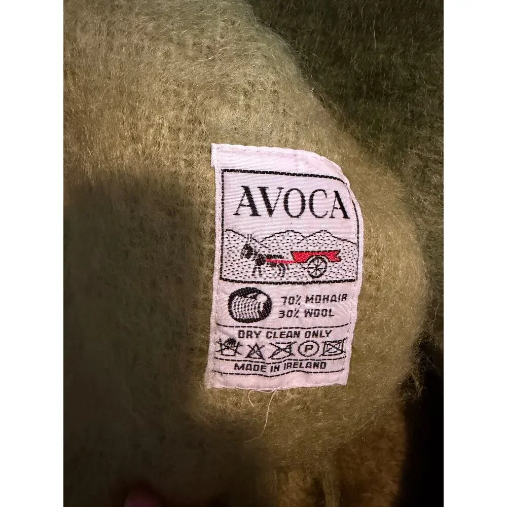 Vintage Avoca Ireland Mohair Wool Throw Blanket Green Tan Plaid 57x84 Fringe
